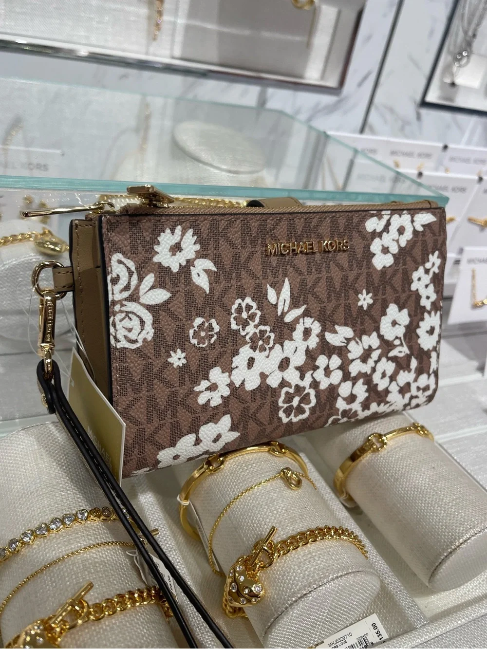 MICHAEL KORS JST Lg Double Zip Printed Signature Logo Wristlet Wallet Camel NWT